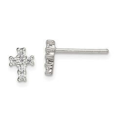 Sterling Silver Polished CZ Cross Post Earrings