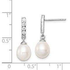 Rhodium-plated Sterling Silver 8-9mm White FWC Pearl CZ Post Earrings