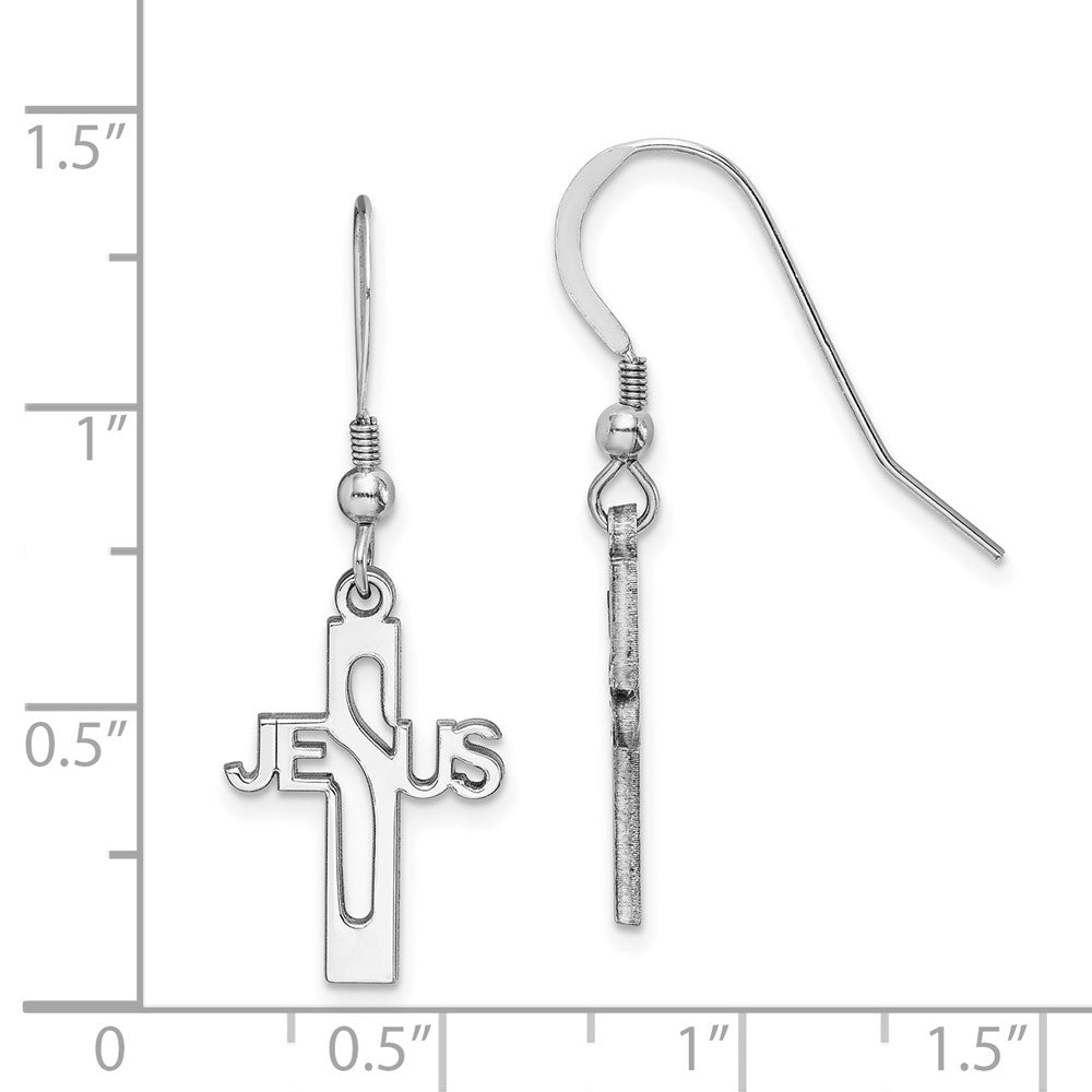 Rhodium-plated Sterling Silver JESUS Cross Shepherd Hook Earrings