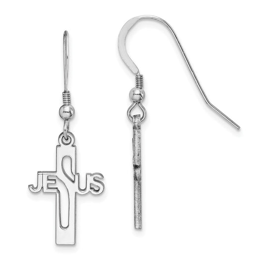 Rhodium-plated Sterling Silver JESUS Cross Shepherd Hook Earrings