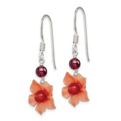 Sterling Silver Garnet Bead Carnelian Dangle Flower Earrings