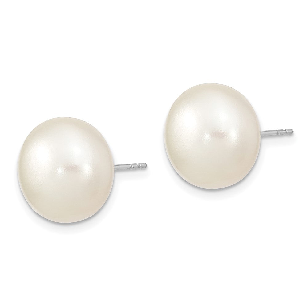 Rhodium-plated Sterling Silver 13-14mm White Button FWC Pearl Post Earrings