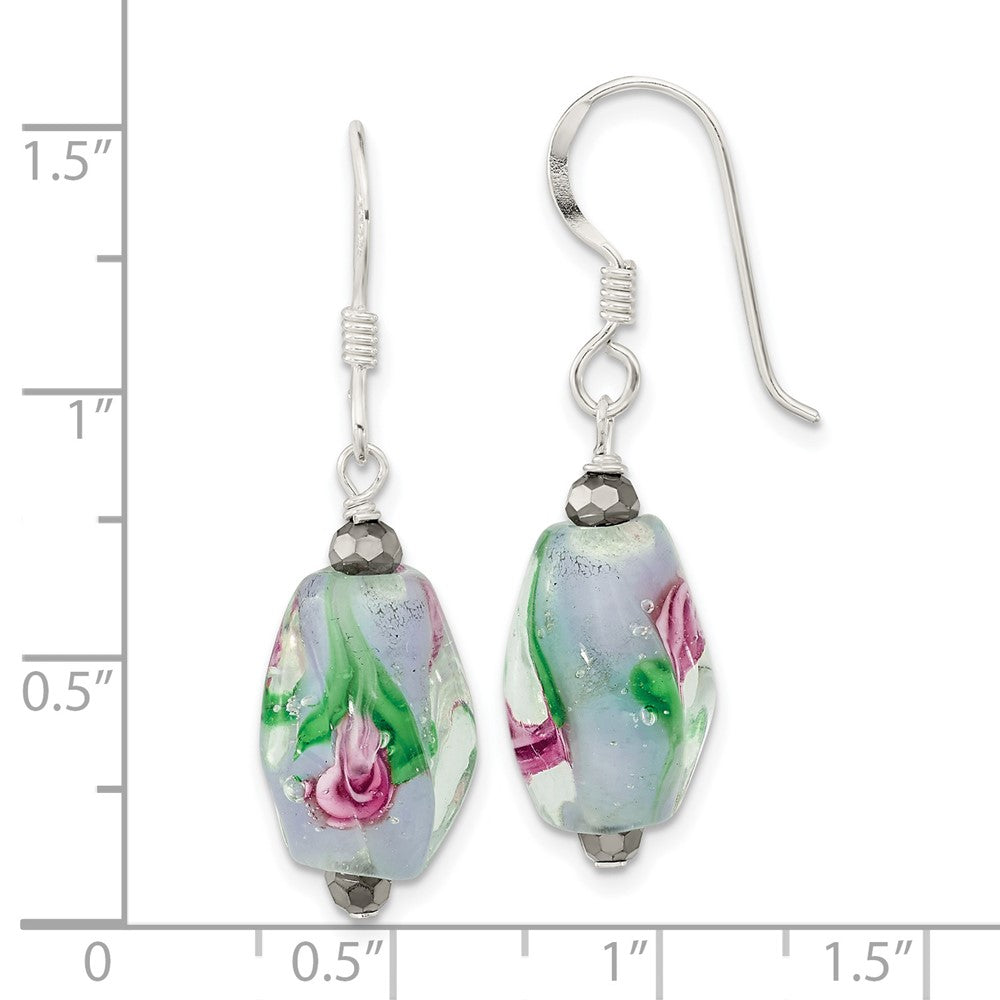 Sterling Silver Hematite and Green Glass Dangle Earrings