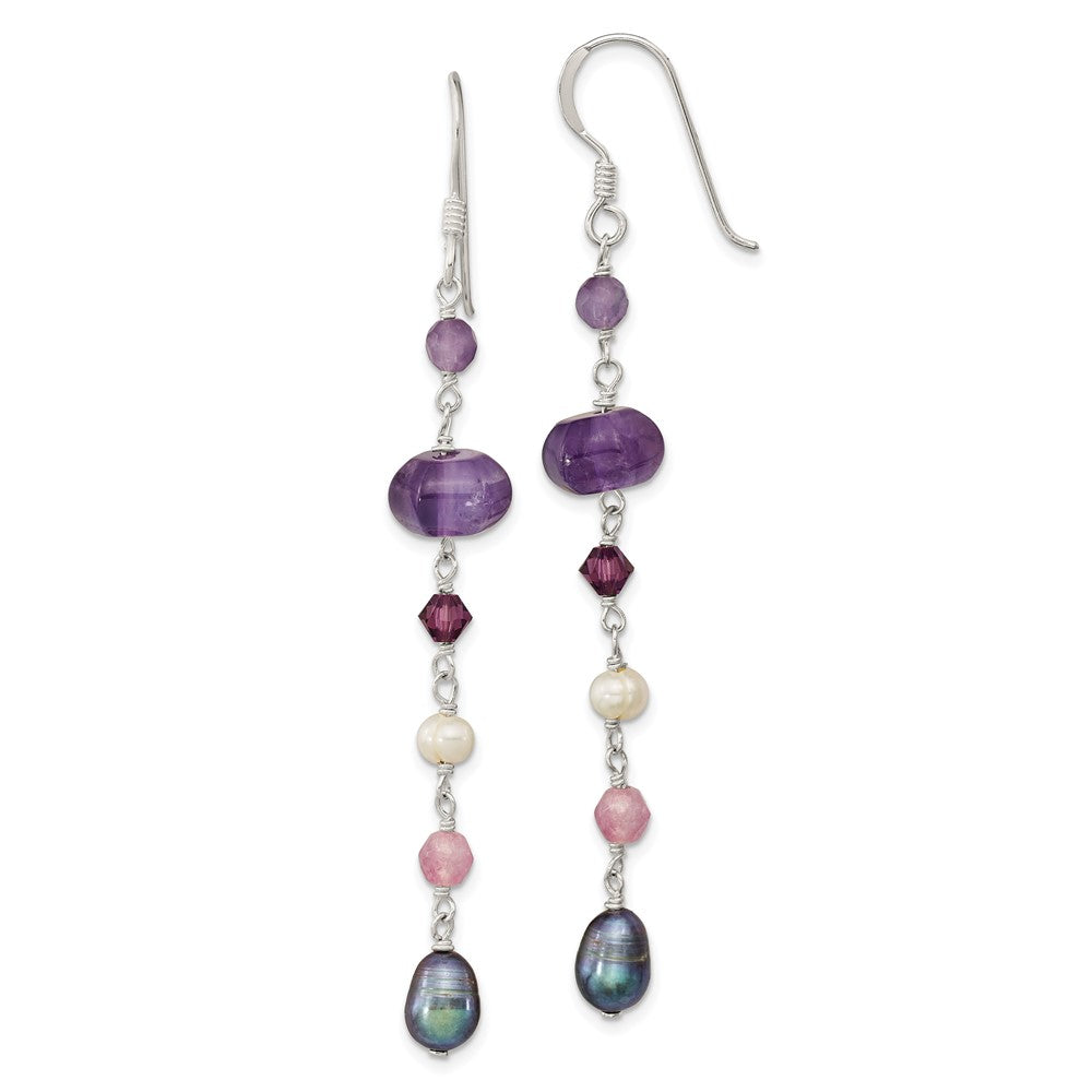Sterling Silver Polished Amethyst, Lavendar Jade, White and Black FWC Pearl Dangle Earrings