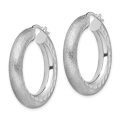 Rhodium-plated Sterling Silver Diamond-cut Polished Satin 5mm Hoop Earrings