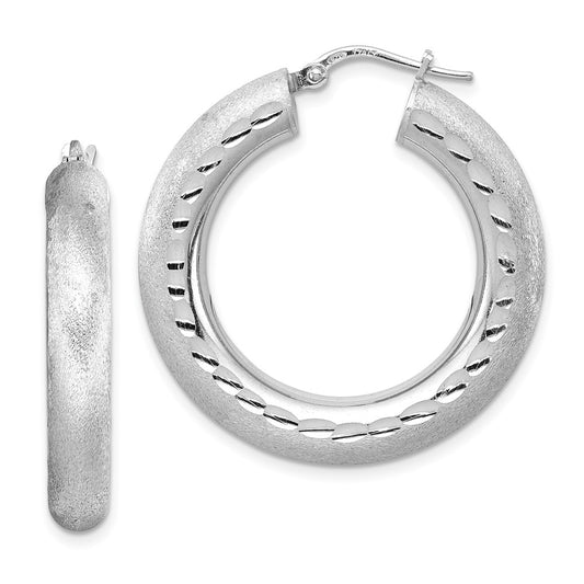 Rhodium-plated Sterling Silver Diamond-cut Polished Satin 5mm Hoop Earrings