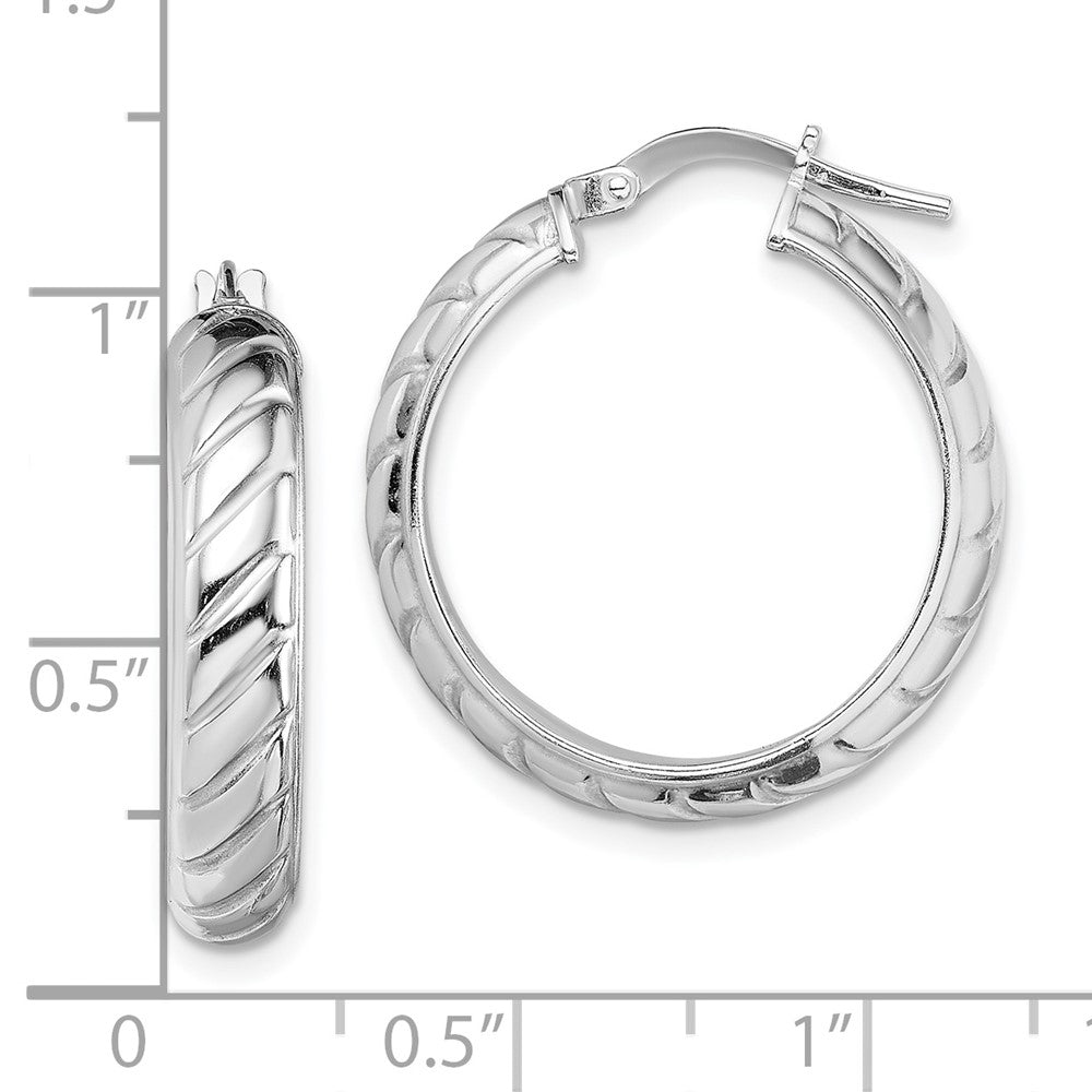Rhodium-plated Sterling Silver 5x20mm Polished Textured Hoops
