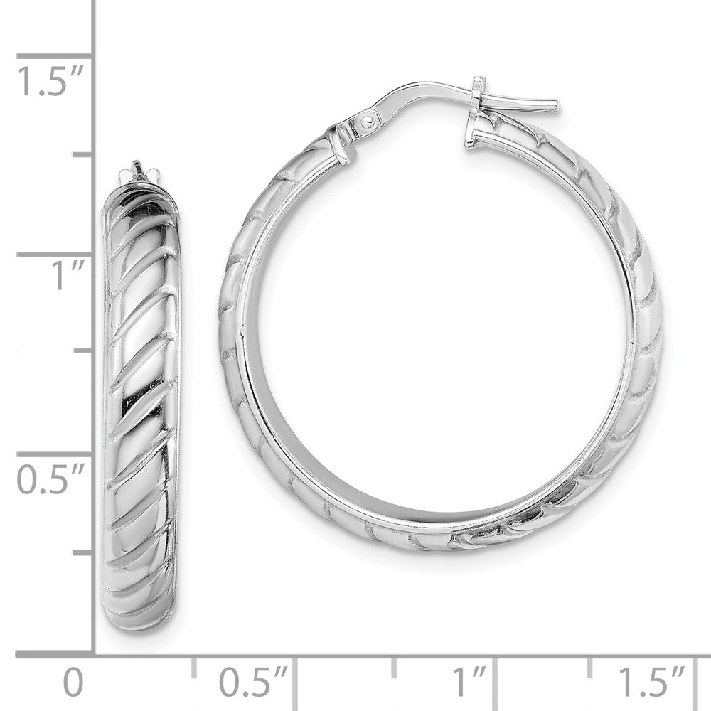 Rhodium-plated Sterling Silver 5x25mm Polished Textured Hoops