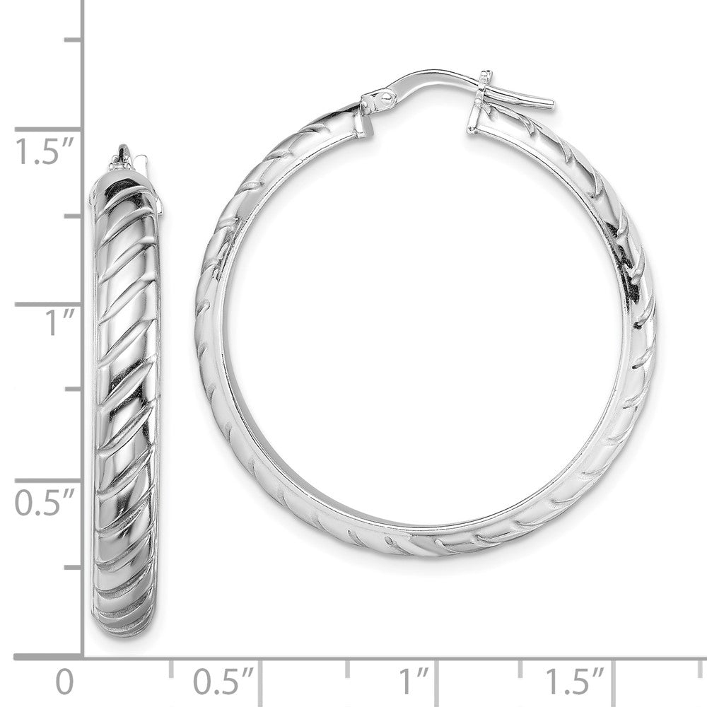 Rhodium-plated Sterling Silver 5x30mm Polished Textured Hoops