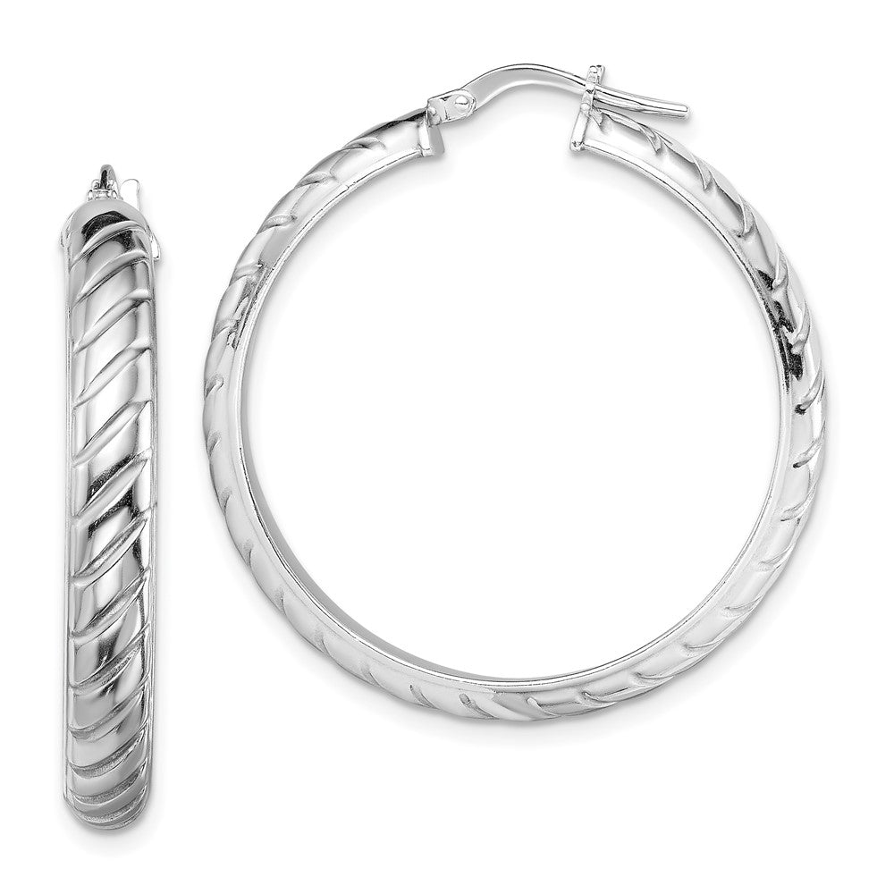 Rhodium-plated Sterling Silver 5x30mm Polished Textured Hoops