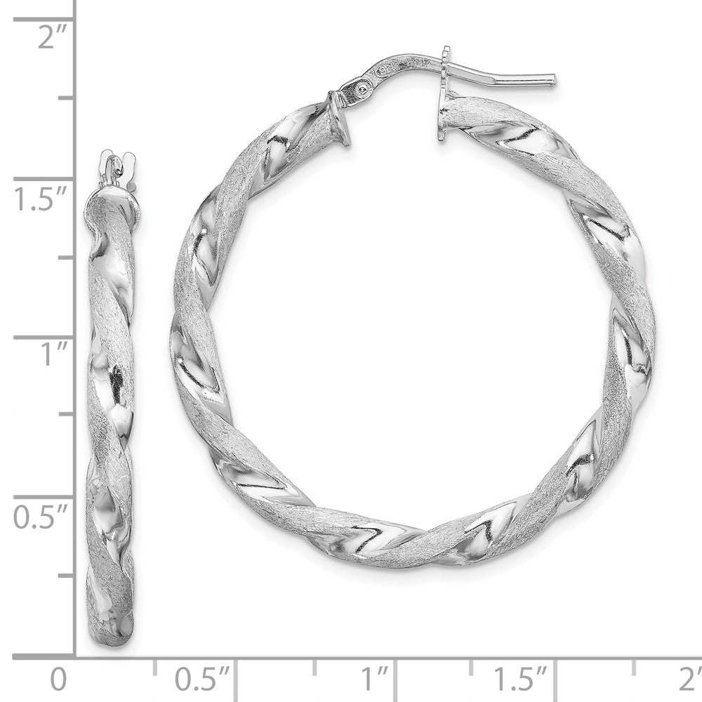 Rhodium-plated Silver Satin Polished Twisted 3x35mm Hoop Earrings