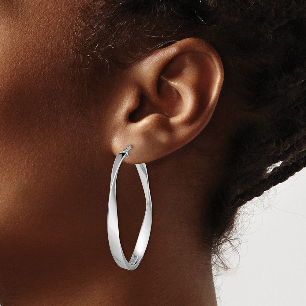 Rhodium-plated Sterling Silver Polished Oval Twisted Hoops