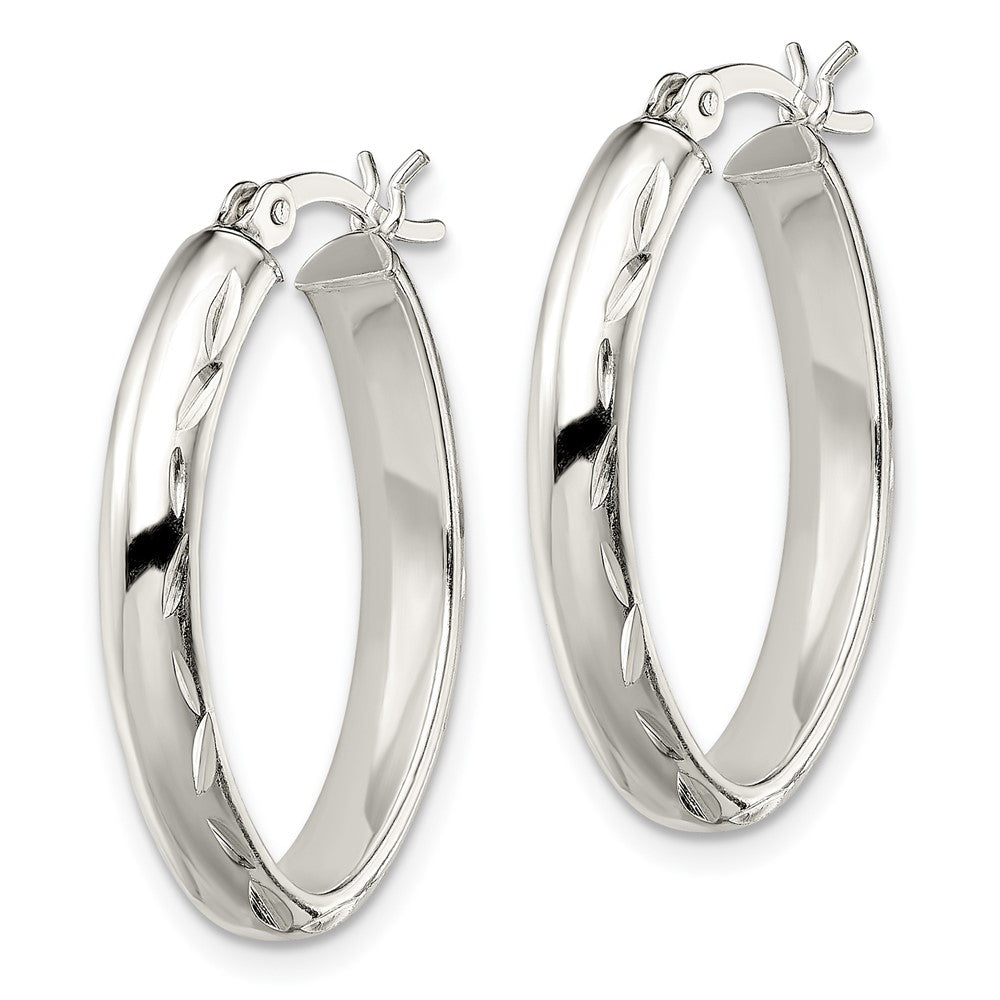 Sterling Silver Polished Diamond-cut Edge Oval Hoop Earrings