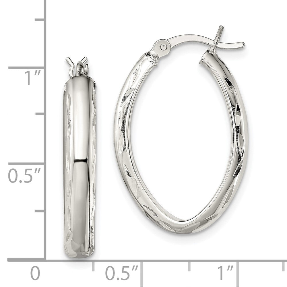 Sterling Silver Polished Diamond-cut Edge Oval Hoop Earrings