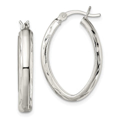 Sterling Silver Polished Diamond-cut Edge Oval Hoop Earrings