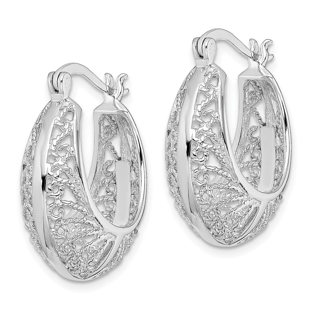 Rhodium-plated Sterling Silver Polished and Textured Hoop Earrings