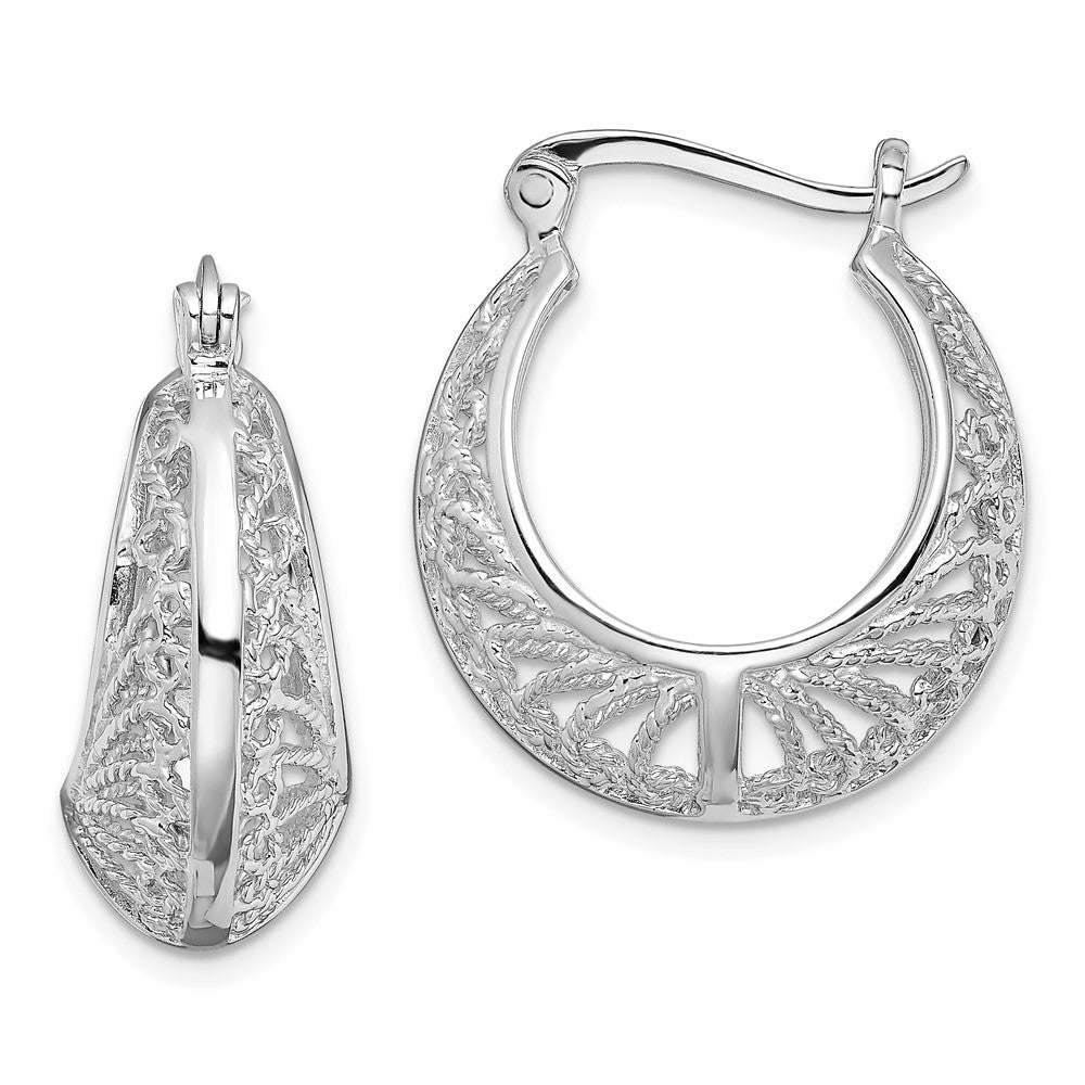 Rhodium-plated Sterling Silver Polished and Textured Hoop Earrings
