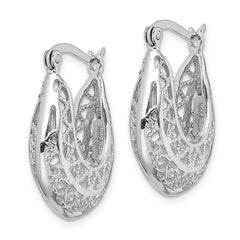 Rhodium-plated Sterling Silver Polished Filigree Hoop Earrings