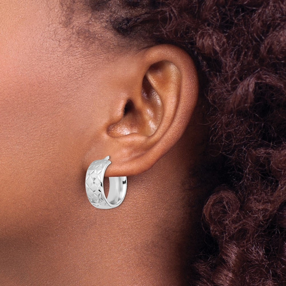 Rhodium-plated Silver Polished 7.5mm Diamond-cut Hoop Earrings