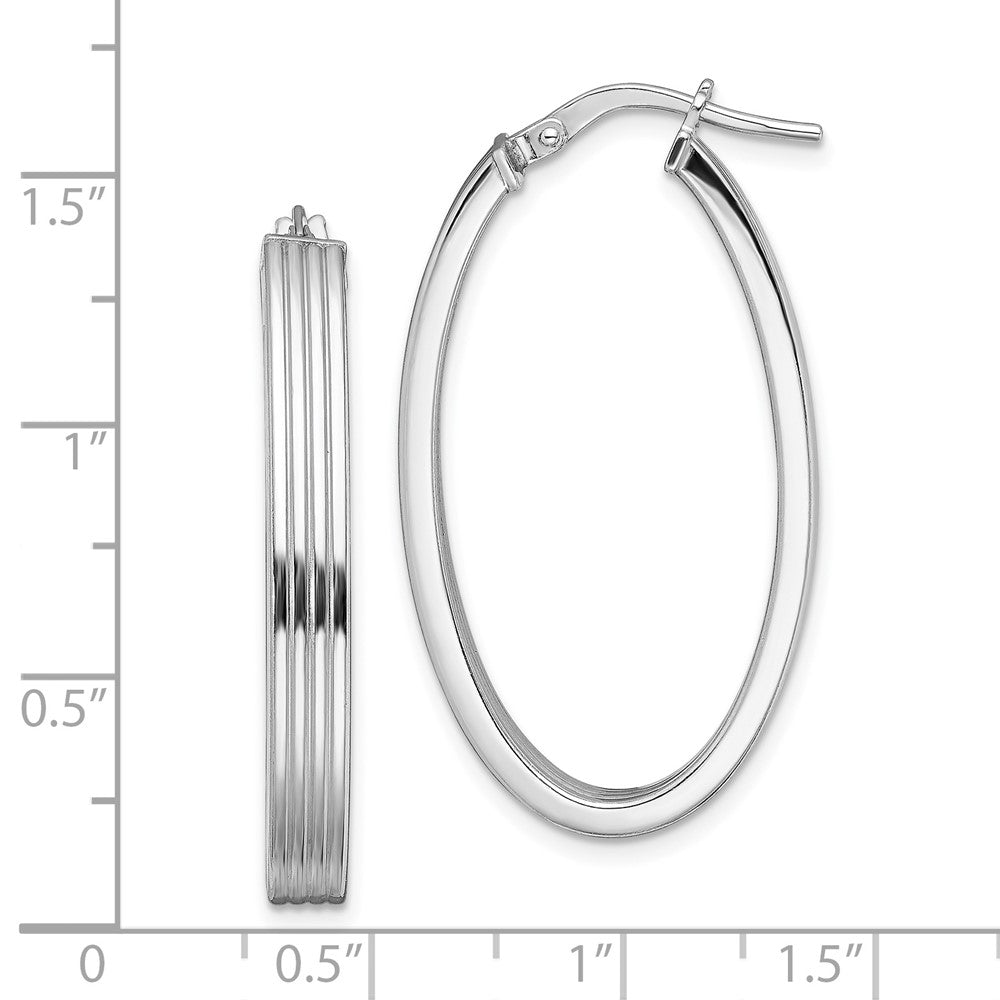 Rhodium-plated Silver Polished Striped 4mm Oval Hoops