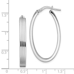 Rhodium-plated Silver Polished Striped 4mm Oval Hoops