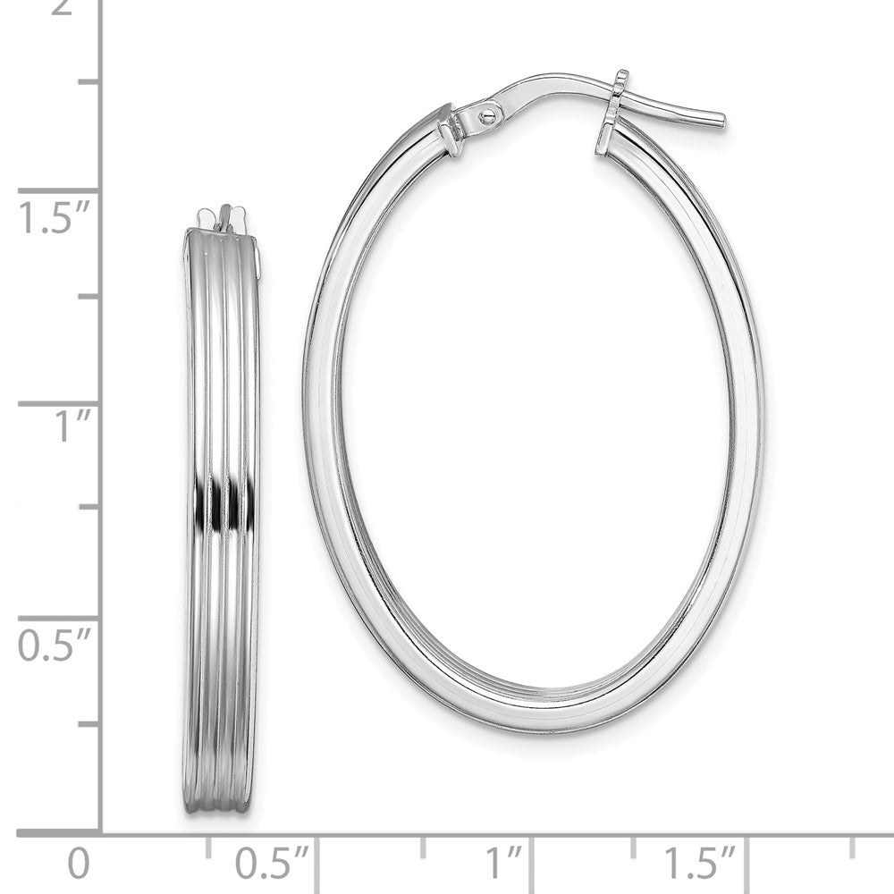 Rhodium-plated Silver Polished Striped 4mm Oval Hoops