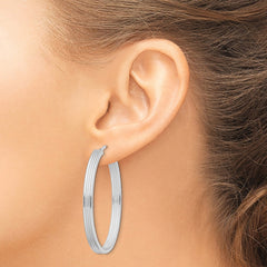 Rhodium-plated Silver Polished Striped 4mm Oval Hoops