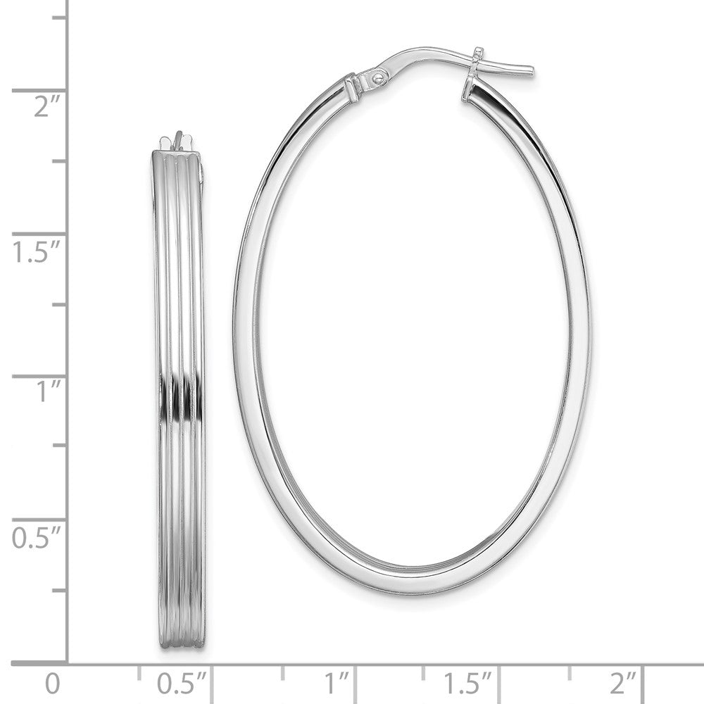 Rhodium-plated Silver Polished Striped 4mm Oval Hoops
