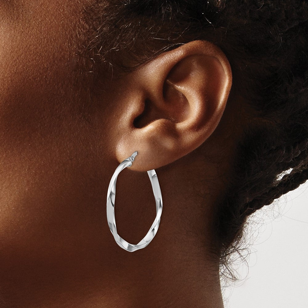 Rhodium-plated Sterling Silver Polished Twisted 2.5x25mm Hoop Earrings