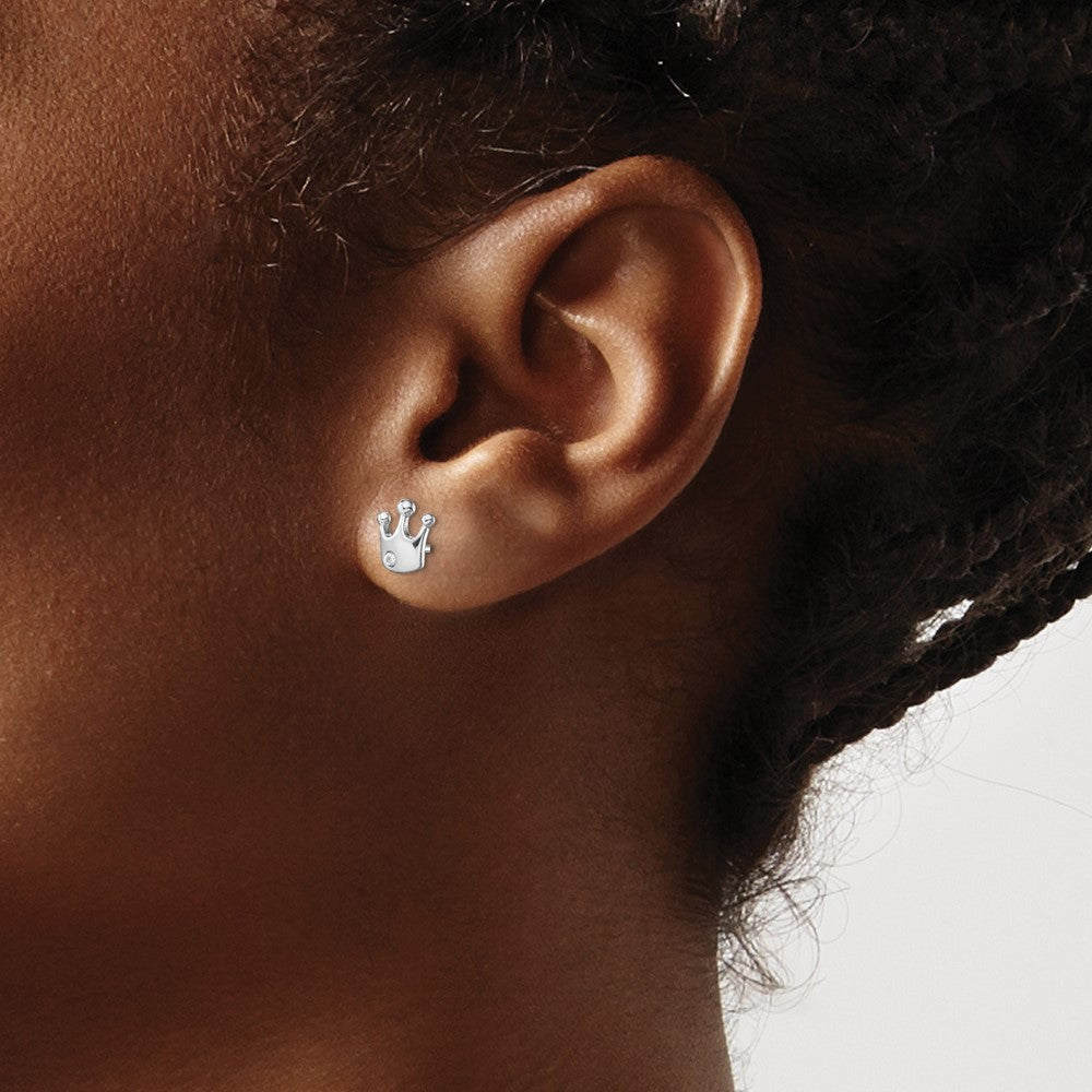 Rhodium-plated Sterling Silver CZ Crown Post Earrings