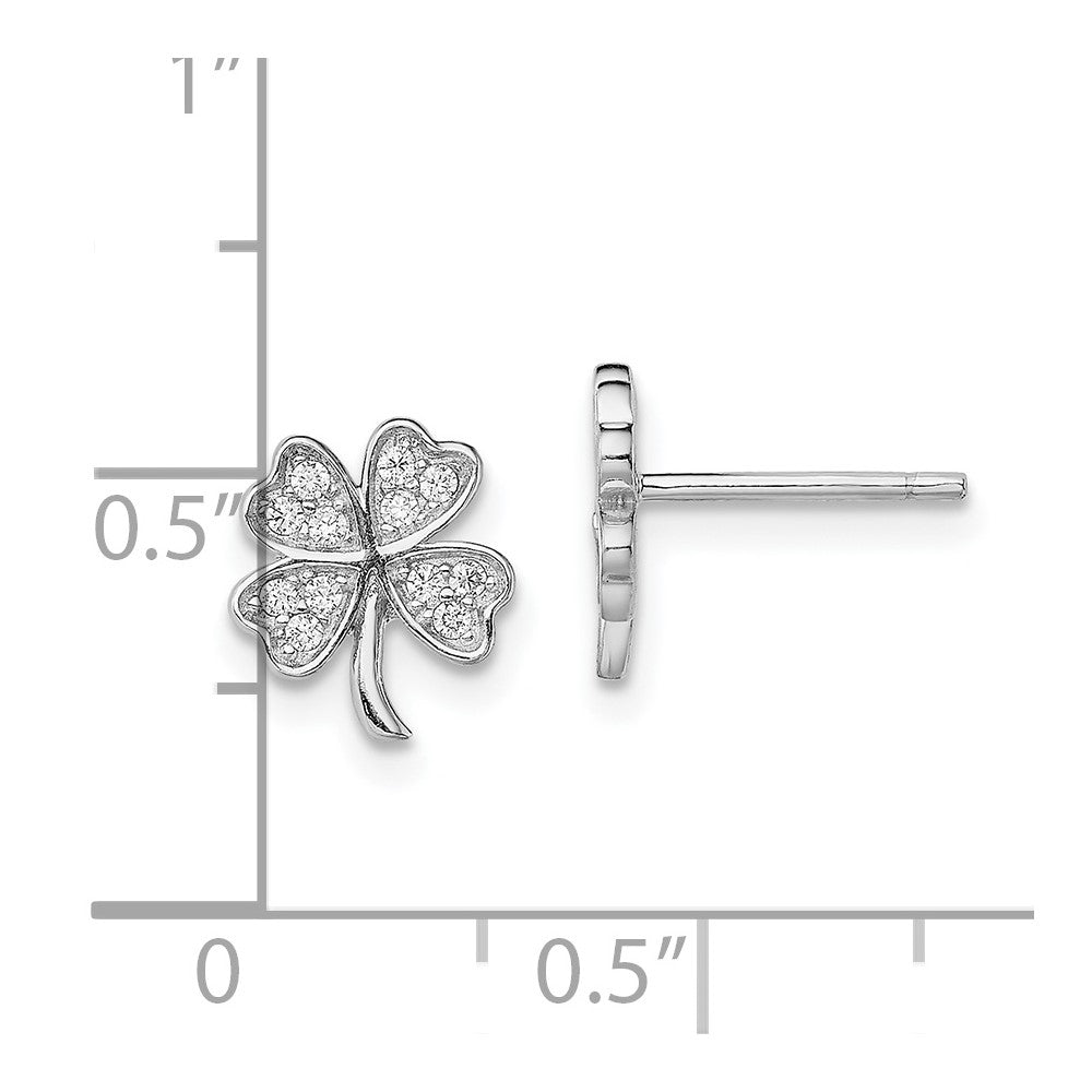 Rhodium-plated Sterling Silver CZ 4 Leaf Clover Post Earrings