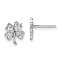 Rhodium-plated Sterling Silver CZ 4 Leaf Clover Post Earrings