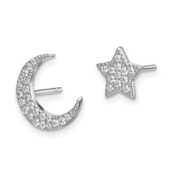Rhodium-plated Sterling Silver CZ Star and Moon Post Earrings