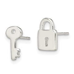 Sterling Silver Polished Left and Right Lock Key Post Earrings