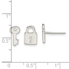 Sterling Silver Polished Left and Right Lock Key Post Earrings