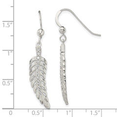 Sterling Silver Textured CZ Feather Shepherd Hook Earrings