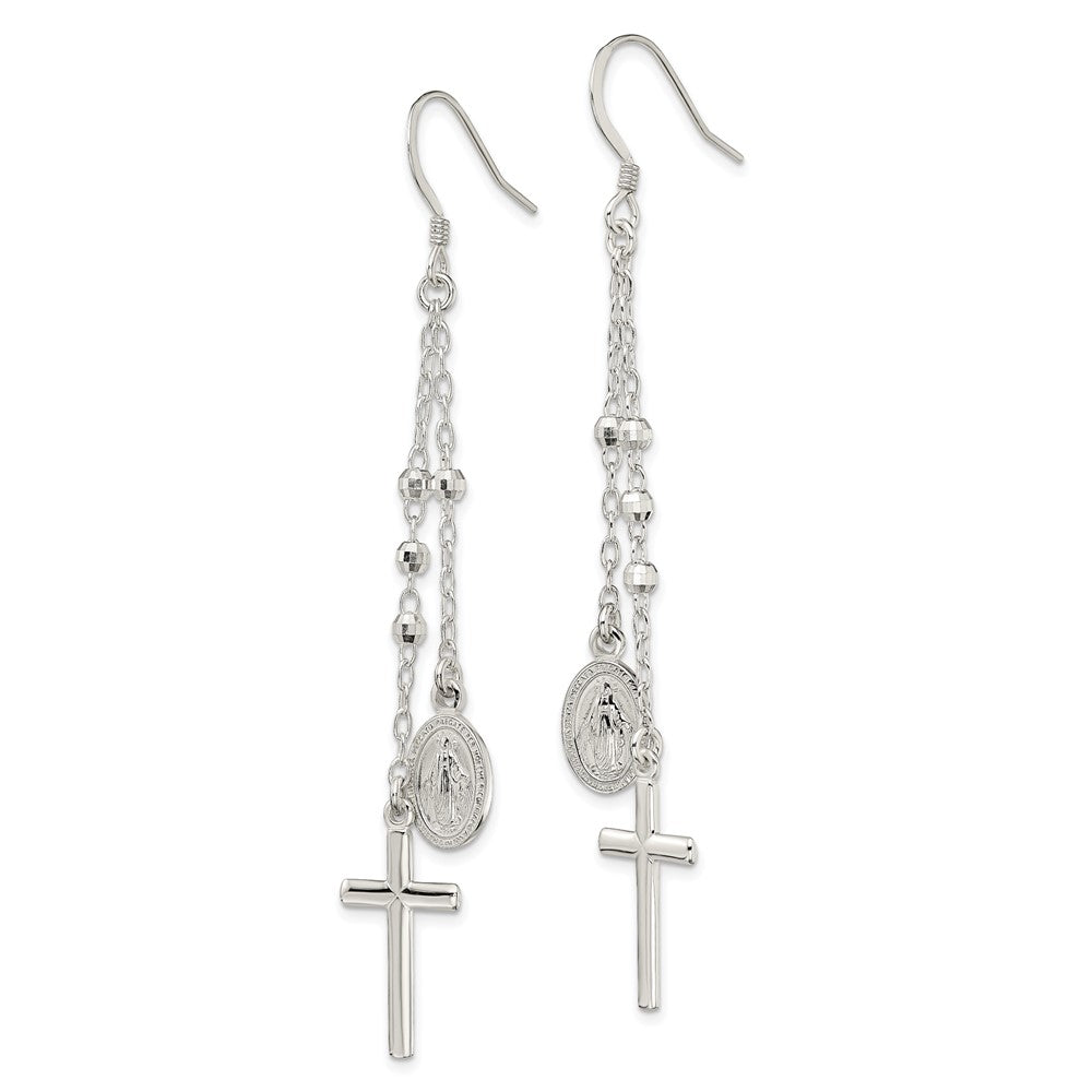 Sterling Silver Polished Miraculous Medal Cross Hook Earrings