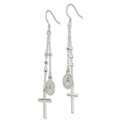 Sterling Silver Polished Miraculous Medal Cross Hook Earrings