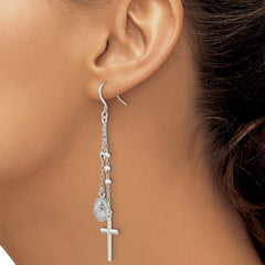 Sterling Silver Polished Miraculous Medal Cross Hook Earrings