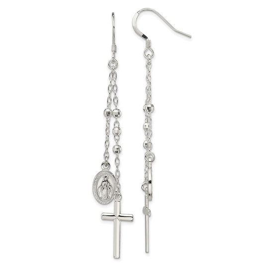 Sterling Silver Polished Miraculous Medal Cross Hook Earrings