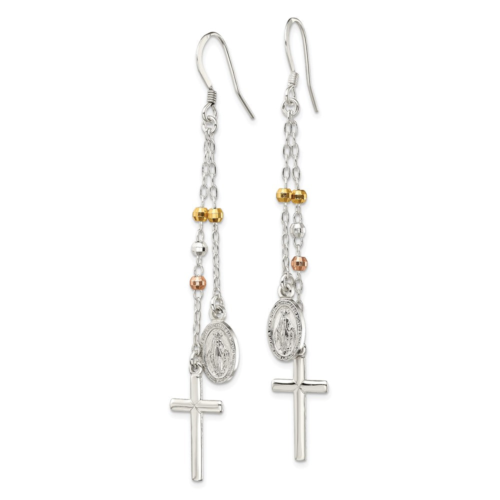 Sterling Silver, Yellow & Rose-tone Miraculous Medal Cross Earrings