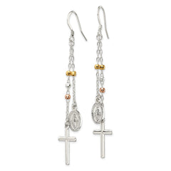 Sterling Silver, Yellow & Rose-tone Miraculous Medal Cross Earrings