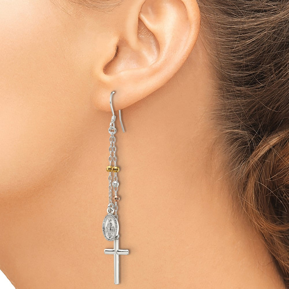 Sterling Silver, Yellow & Rose-tone Miraculous Medal Cross Earrings