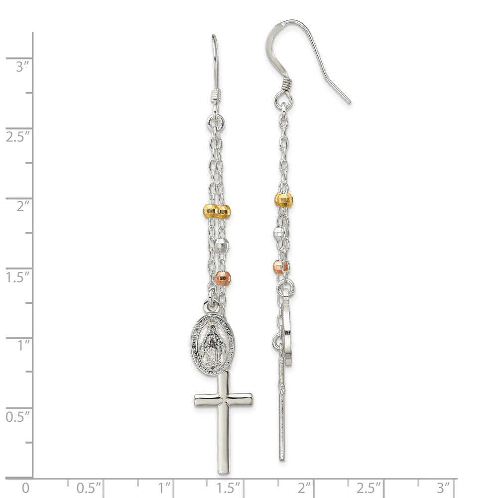 Sterling Silver, Yellow & Rose-tone Miraculous Medal Cross Earrings