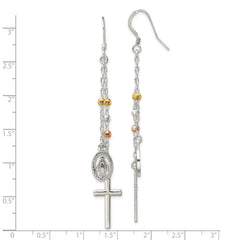 Sterling Silver, Yellow & Rose-tone Miraculous Medal Cross Earrings