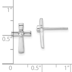Rhodium-plated Sterling Silver Polished with CZ Cross Post Earrings