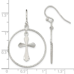 Sterling Silver Polished Diamond-cut Cross Dangle in Ring Earrings