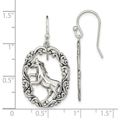 Sterling Silver Antiqued Horse Dangle Shepherds Hook Earrings