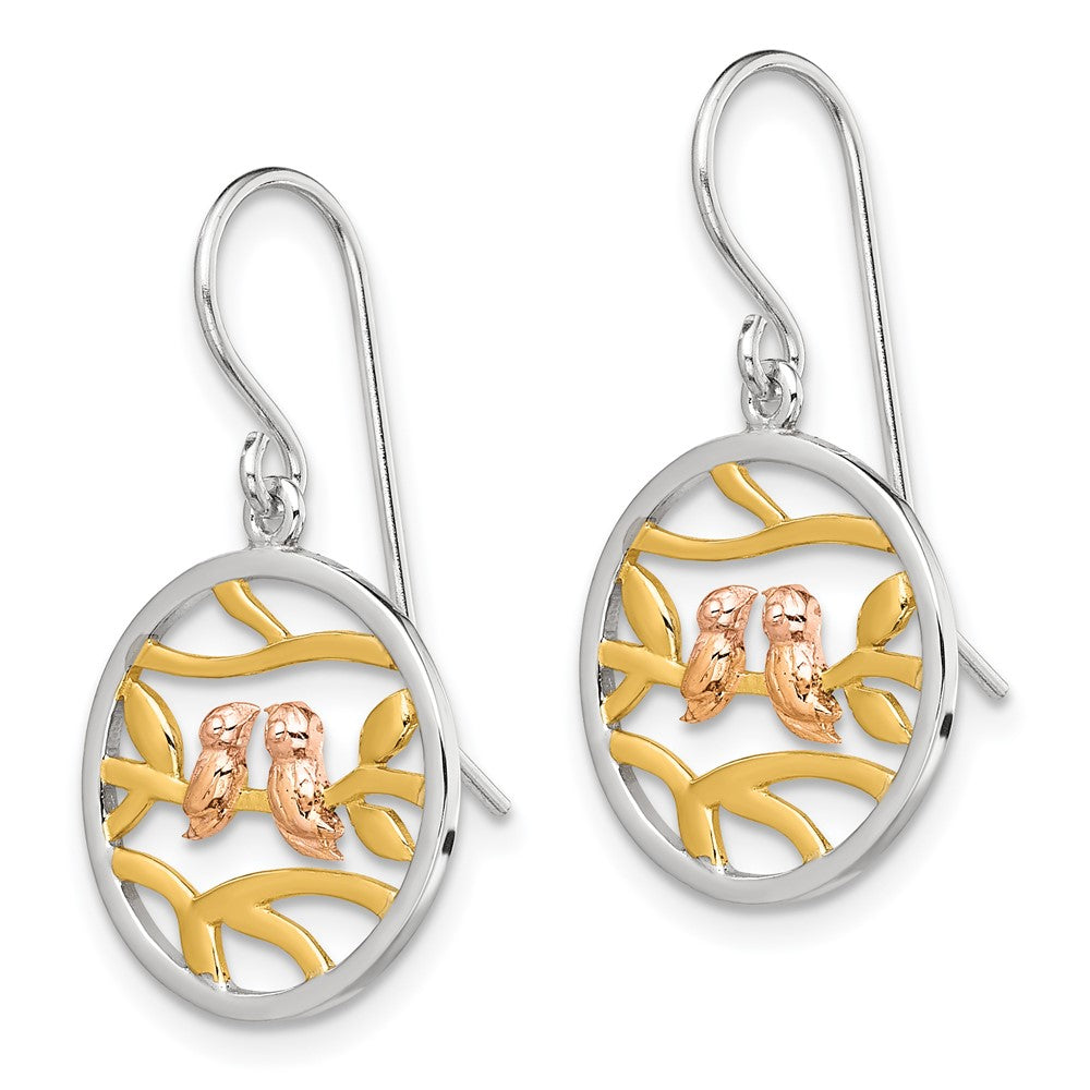 Sterling Silver, Yellow & Rose Gold-plated Birds on Branches Earrings
