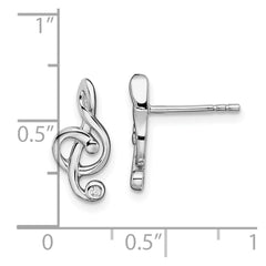 Rhodium-plated Sterling Silver CZ Treble Clef Post Earrings